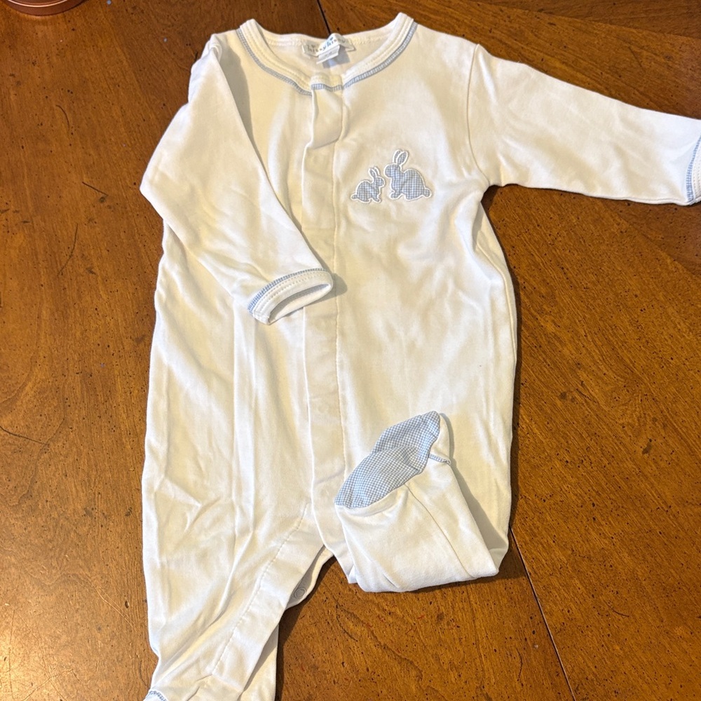 Kissy Kissy White Footed Baby Sleeper with Light Blue Trim & Bunny Embroidery